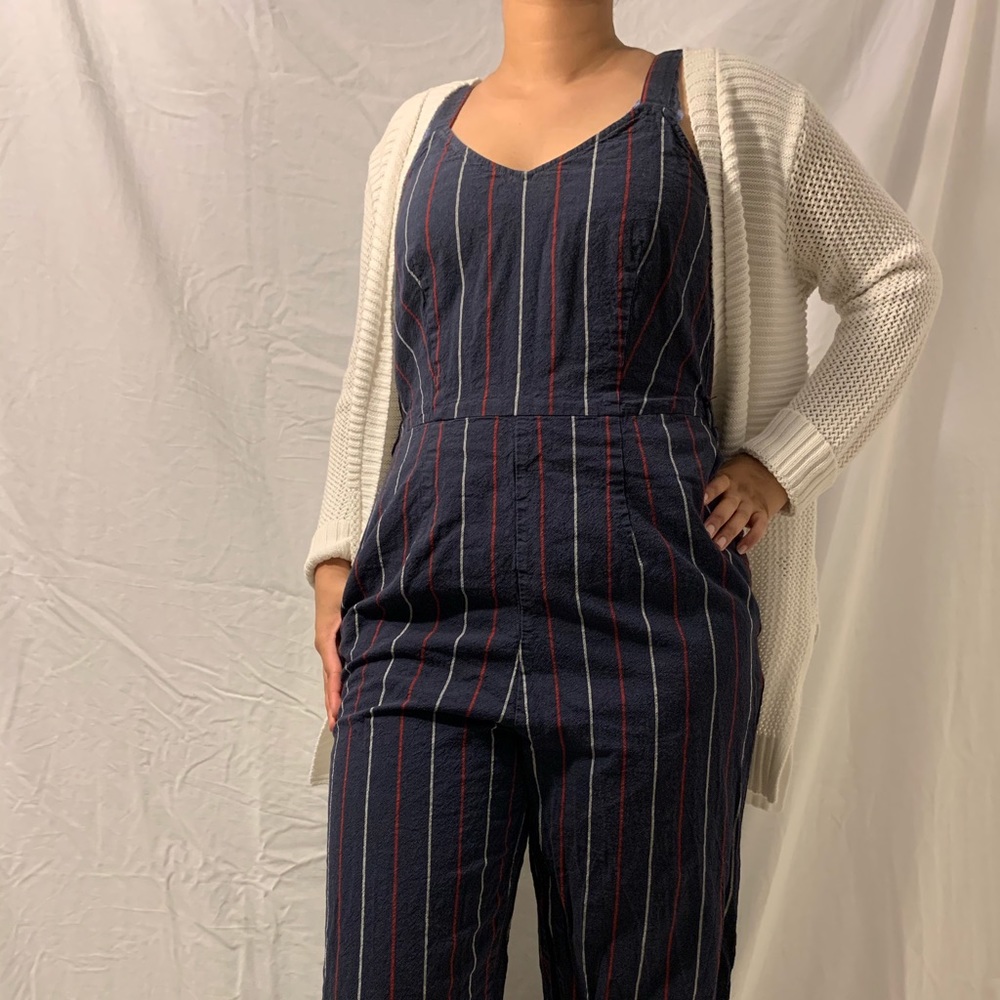 navy blue white and red striped jumpsuit